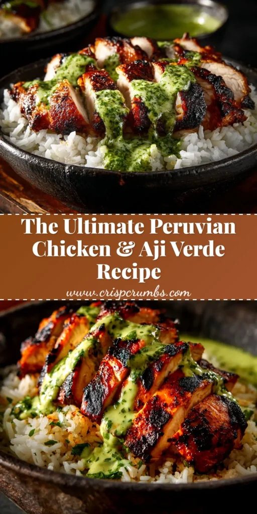 A delicious and authentic Peruvian chicken recipe (Pollo a la Brasa) served on a platter with a side of creamy green aji verde sauce and lime wedges.