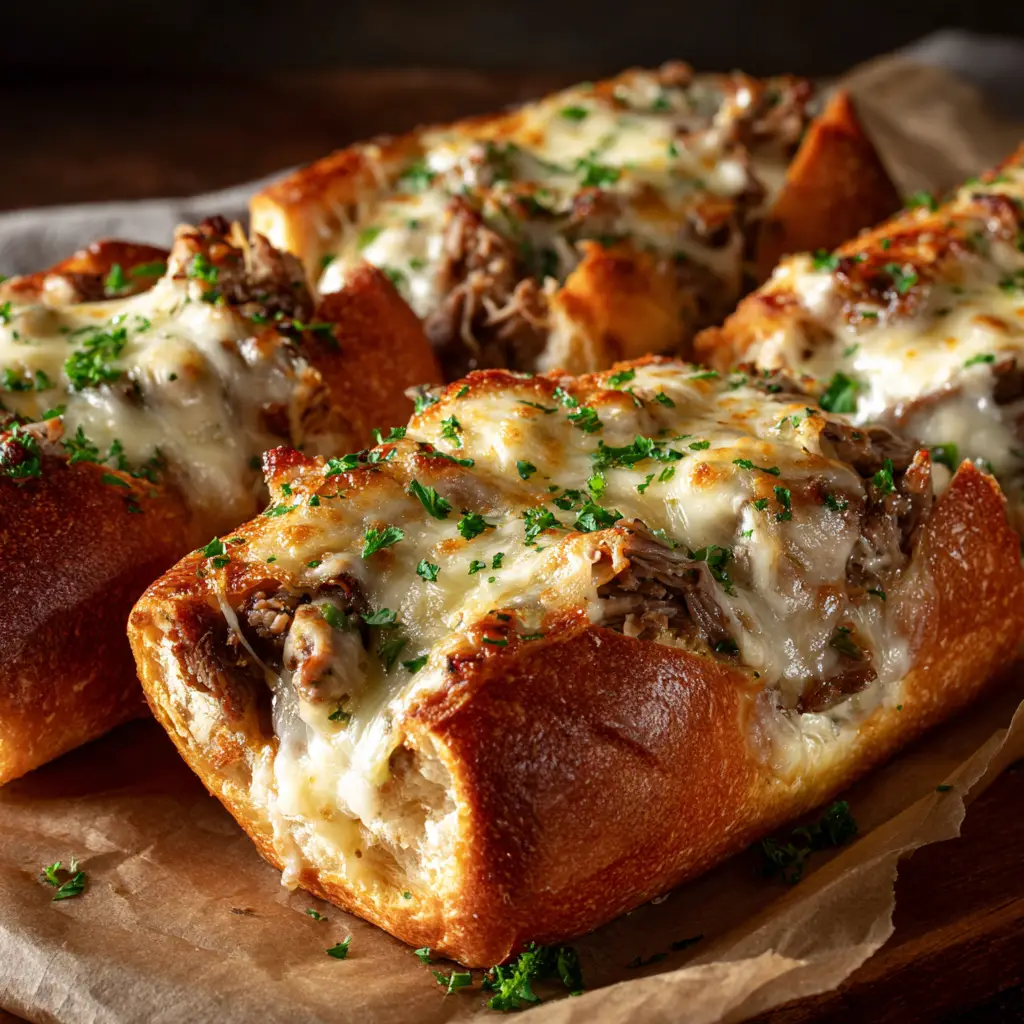 A savory stuffed bread boat filled with Philly cheesesteak ingredients before being topped with more cheese and baked.