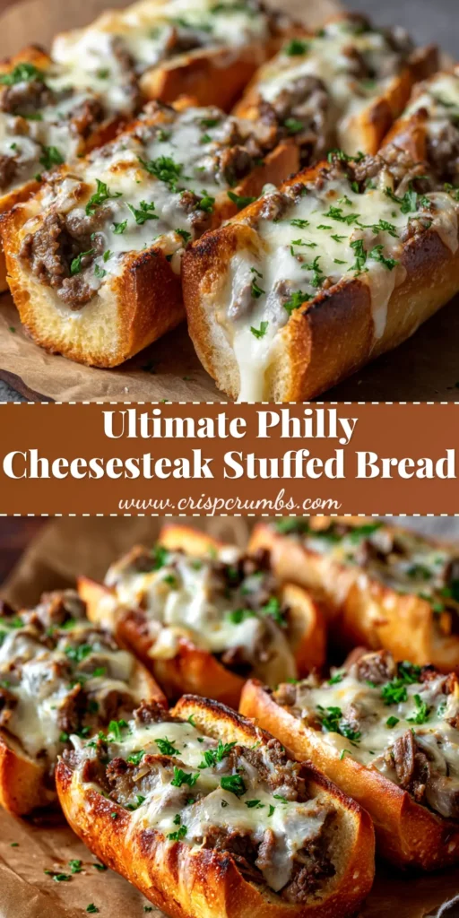 A delicious Philly Cheesesteak Stuffed Bread cut into slices on a wooden board, showing the gooey, cheesy beef and pepper filling.