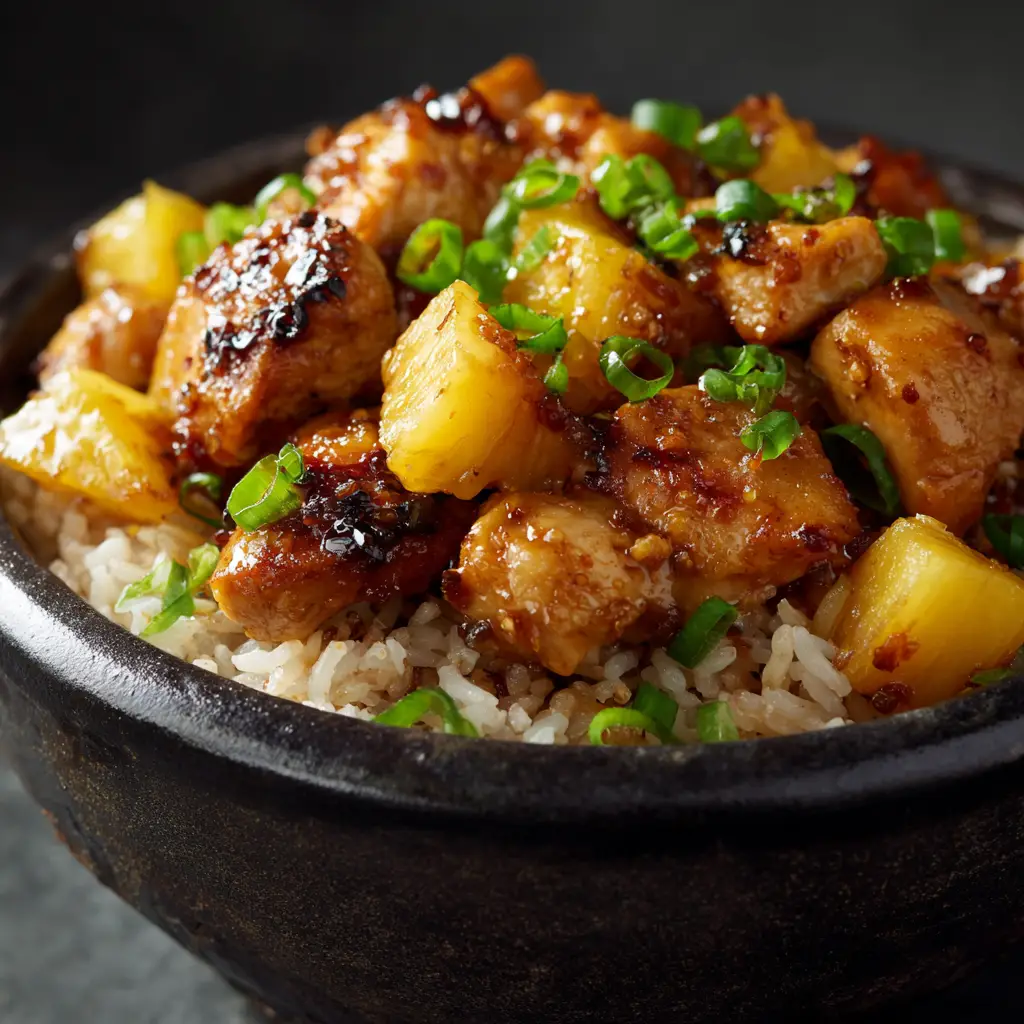 A forkful of savory pineapple chicken stir-fry with rice, showcasing the juicy chicken and vibrant red bell peppers.