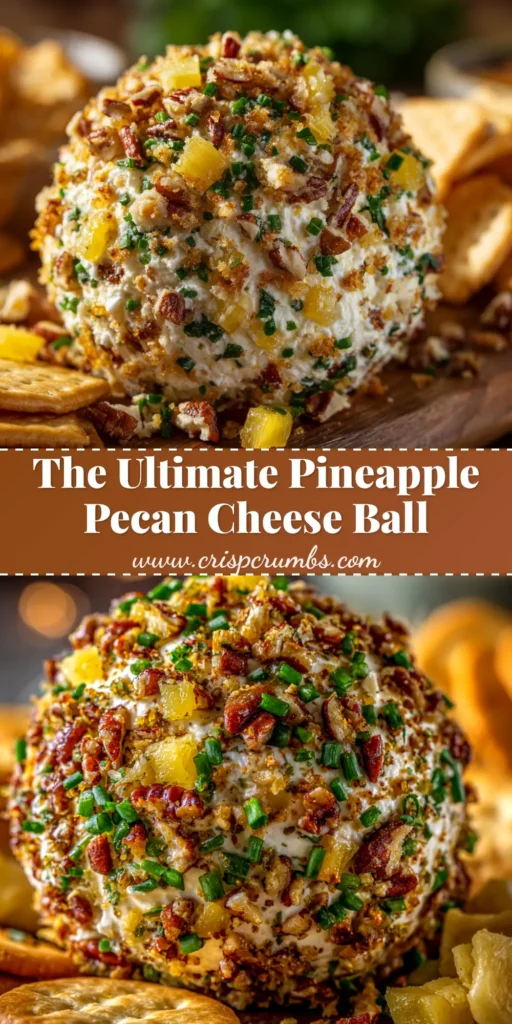 A beautiful Pineapple Pecan Cheese Ball coated in crunchy pecans and served on a white plate with an assortment of crackers, ready for a holiday party.