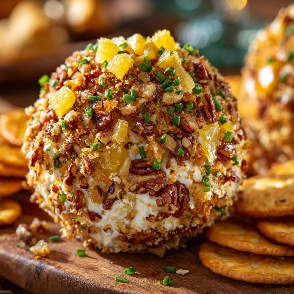 An extreme close-up shot showing the creamy texture of the easy pineapple cheese ball mixed with bits of green onion and pineapple.