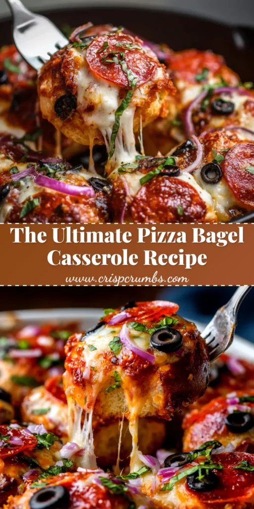 An overhead shot of a freshly baked Pizza Bagel Bites Casserole in a white baking dish, showing melted mozzarella cheese and pepperoni.