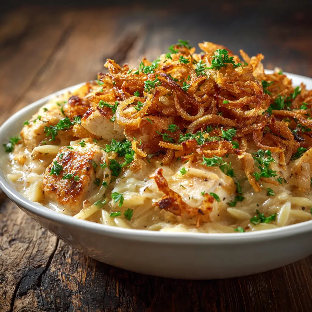 A serving of the French onion chicken bake on a white plate, garnished with fresh thyme, emphasizing a ready-to-eat portion.