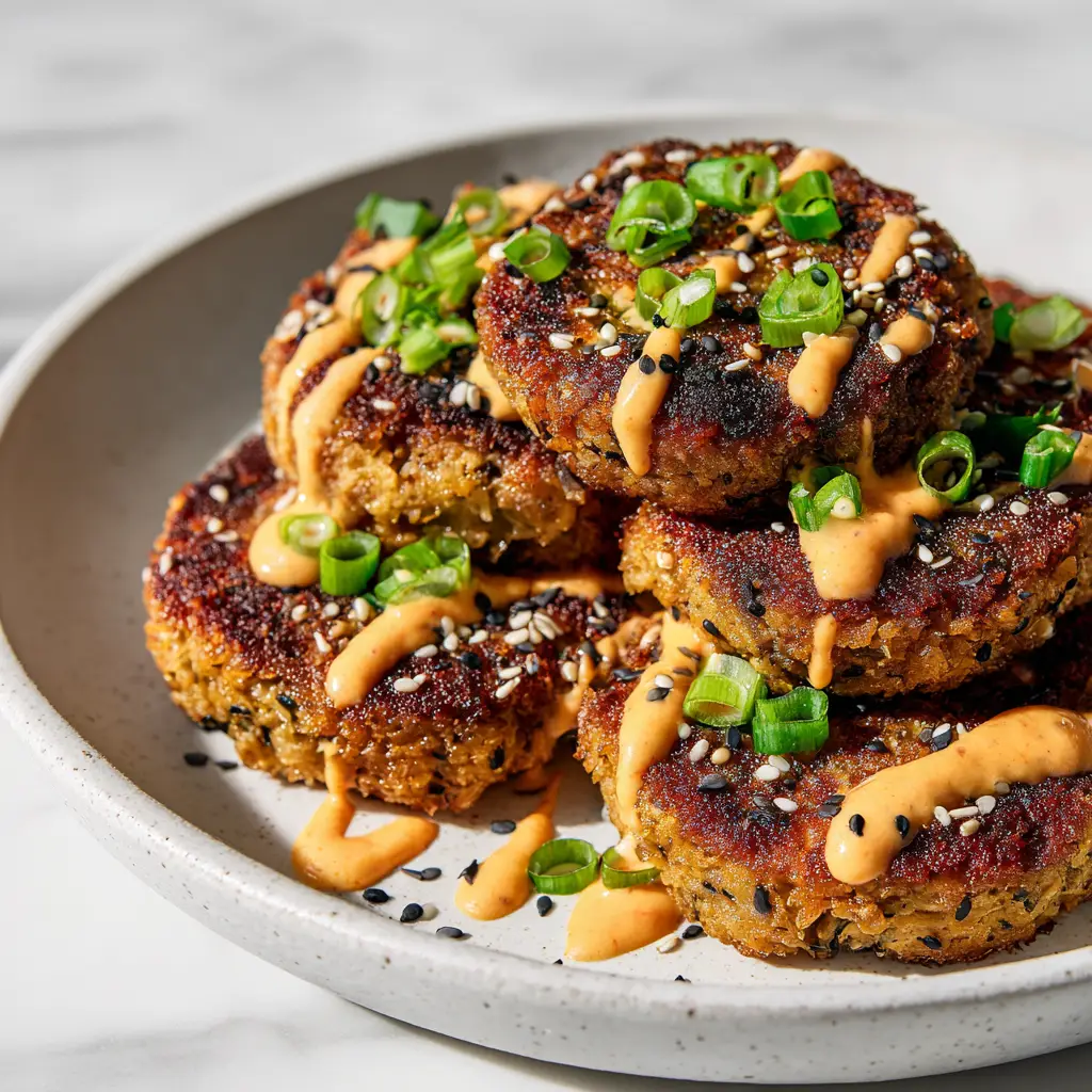 A plate of finished spicy tuna cakes garnished with fresh green onions and served with a small bowl of dipping sauce.