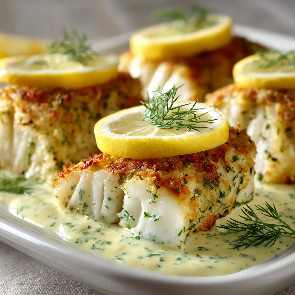 The lemon garlic butter sauce being poured over the raw cod fillets in a baking dish before going into the oven.