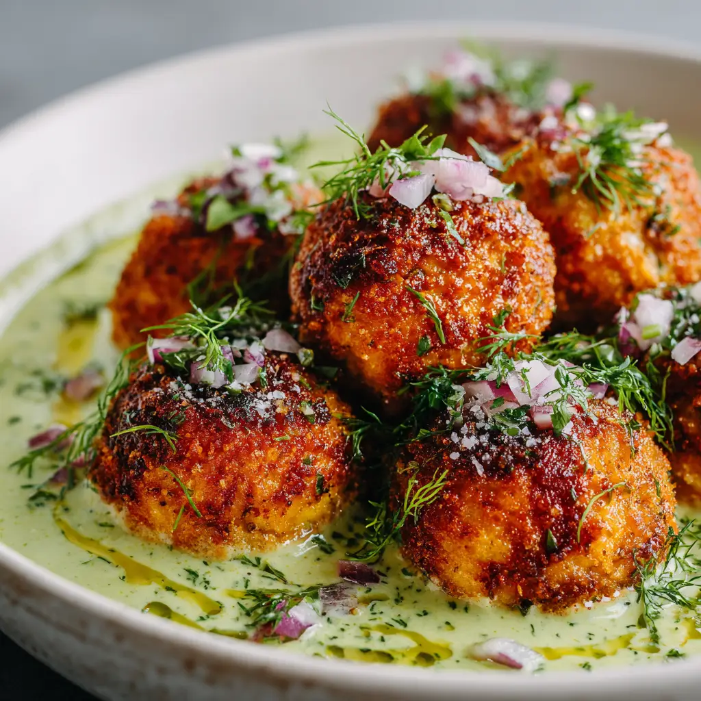 A bowl of the salmon ball mixture next to a plate of panko breadcrumbs, showing the preparation step of rolling the balls before cooking.