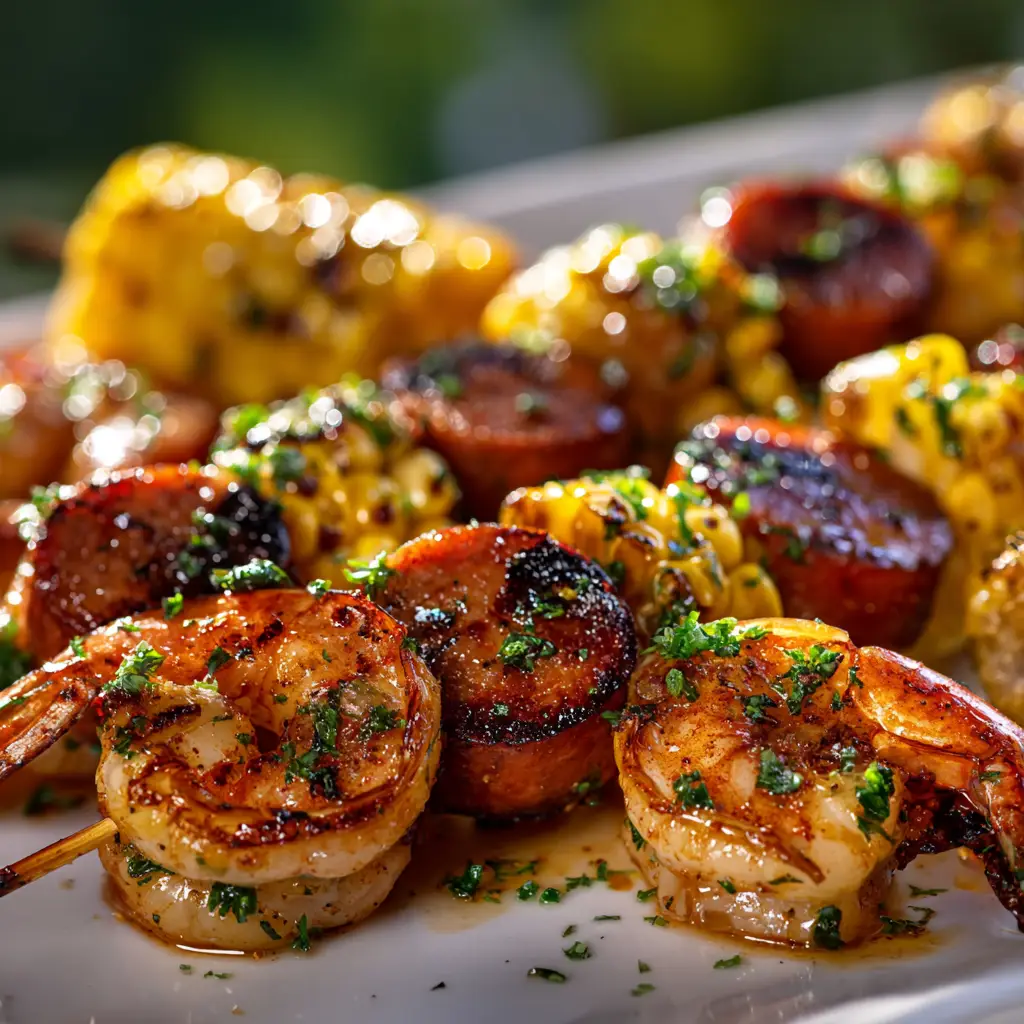 Assembled seafood kabobs with shrimp and vegetables on skewers, marinating and ready for grilling.
