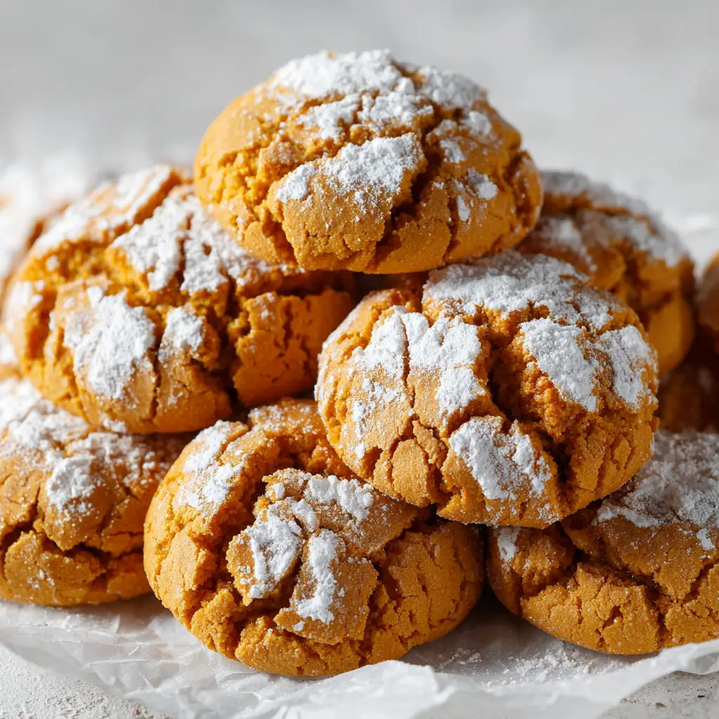 A messy pile of freshly baked pumpkin crinkle cookies, showing the contrast between the dark cookie and the bright white powdered sugar.