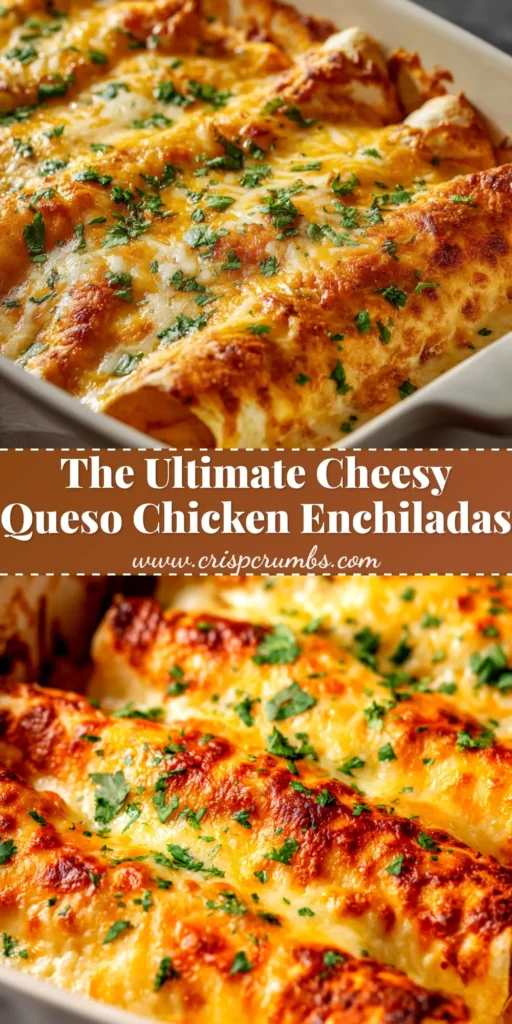 A pan of delicious Queso Chicken Enchiladas, baked until golden and bubbly, with one enchilada lifted out to show the creamy, cheesy chicken filling.