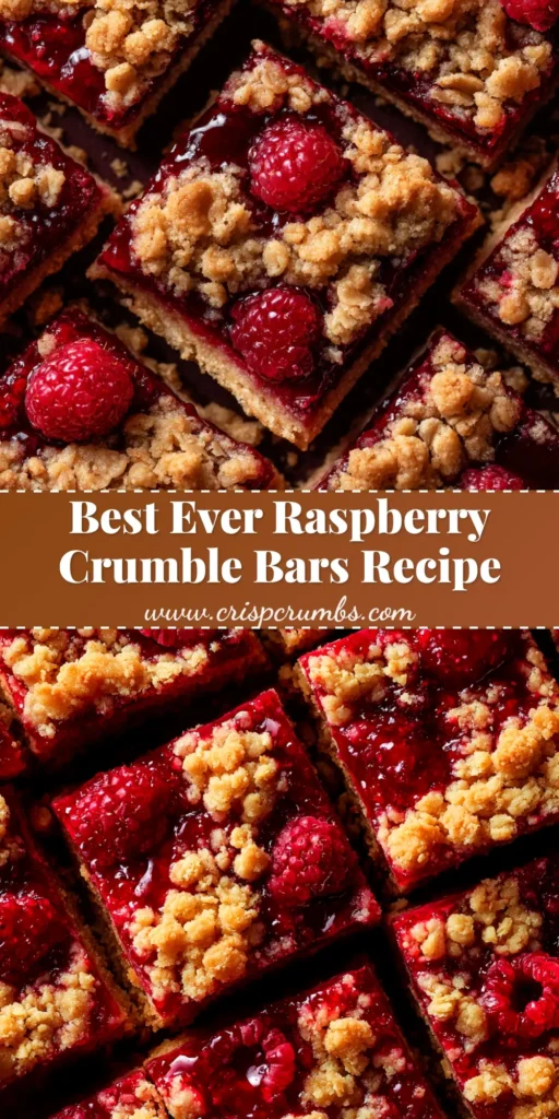 An overhead shot of delicious Raspberry Crumble Bars cut into squares on a piece of parchment paper, showcasing the golden oat topping and vibrant raspberry filling.