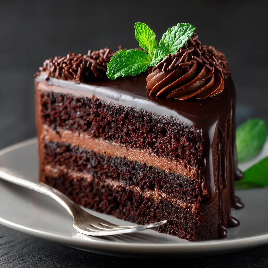 A spatula spreading rich, glossy chocolate fudge frosting over the top of the Midnight Fudge Cake, ready for serving.