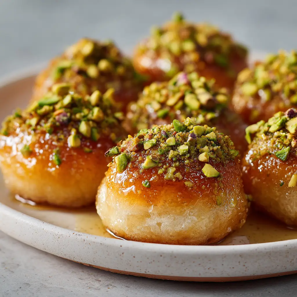 The simple ingredients for Ricotta Pistachio Honey Bites laid out: a fresh baguette, a bowl of ricotta, pistachios, and a jar of honey.