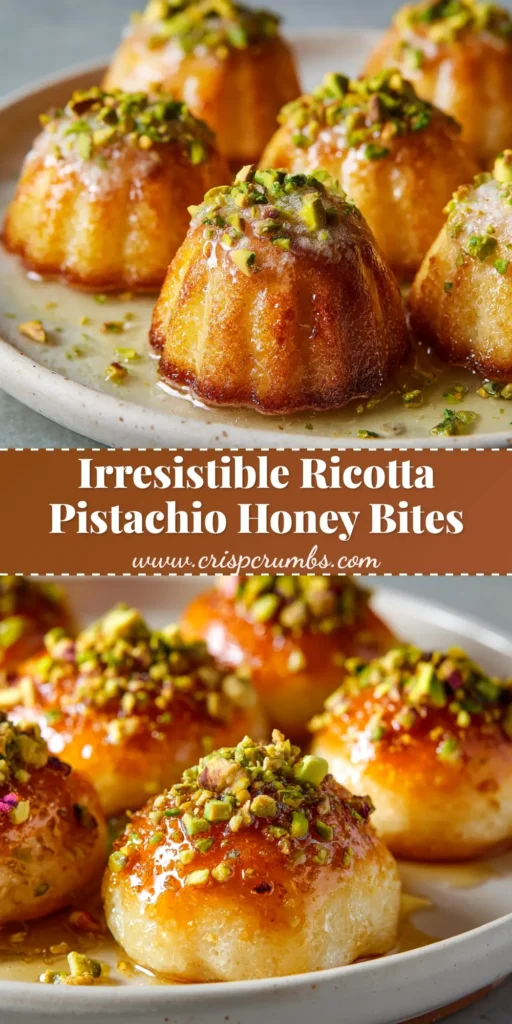 A platter of delicious Ricotta Pistachio Honey Bites, showcasing the creamy whipped ricotta, green pistachios, and golden honey on crisp crostini. The perfect easy appetizer recipe.