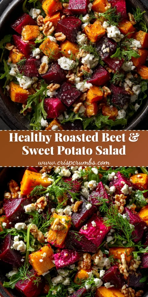 A beautiful overhead shot of the Roasted Beet and Sweet Potato Salad in a white serving bowl, topped with feta and walnuts.