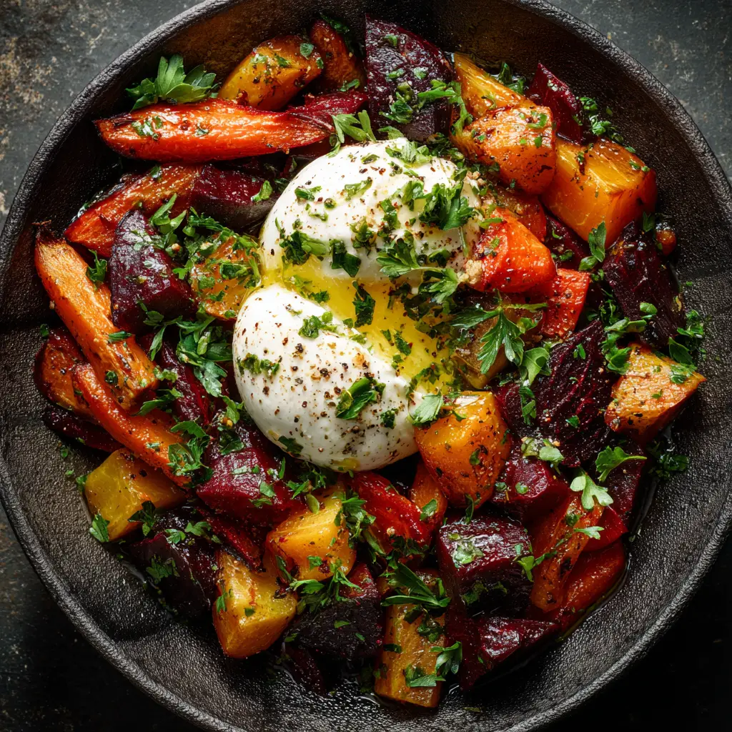 An overhead shot of all the fresh ingredients for the beet and burrata salad arranged on a wooden board, including beets, arugula, walnuts, and a ball of burrata.