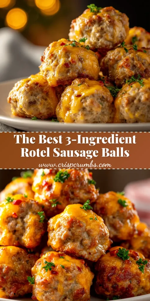 A close-up overhead shot of Rotel sausage balls piled in a white bowl, ready to be served as a party appetizer.