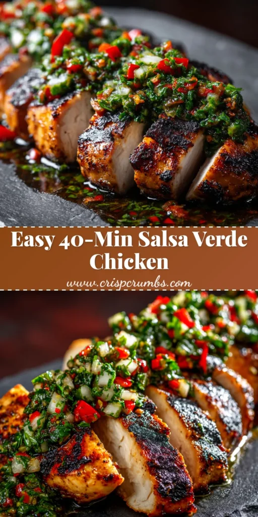 A close-up shot of juicy, shredded Salsa Verde Chicken in a white bowl, garnished with fresh cilantro. The perfect easy recipe for weeknight tacos or burrito bowls.