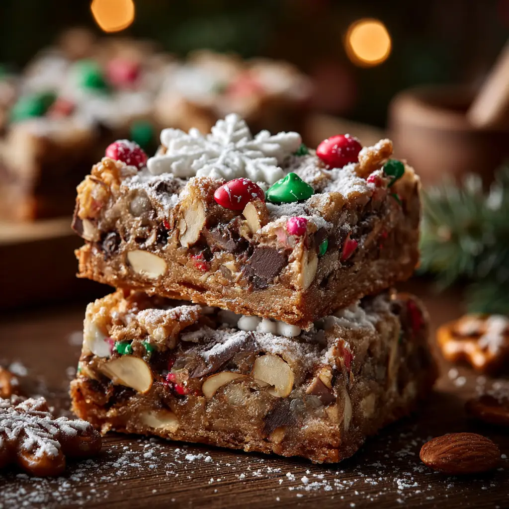 A close-up of Santa's Trash Cookie Bars, showing the irresistible texture of salty pretzels, crunchy potato chips, and festive M&M candies.