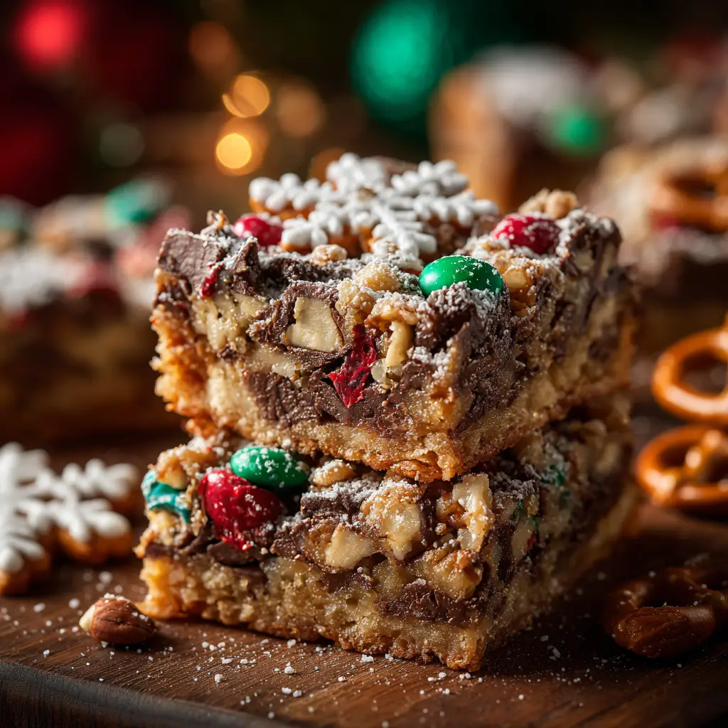 A stack of festive Santa's Trash Cookie Bars on a holiday-themed plate, ready to be served at a Christmas party.