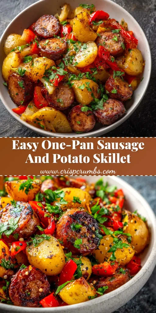 A vibrant Sausage and Potatoes Skillet in a cast iron pan, garnished with fresh parsley. The perfect one-pan weeknight dinner.