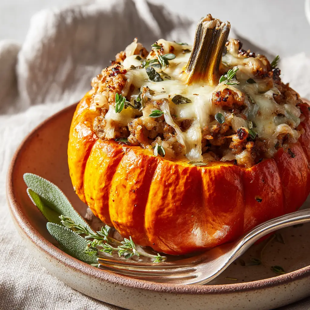 A close-up shot of the savory sausage and apple stuffing being mixed in a skillet before being used to fill the mini pumpkins.
