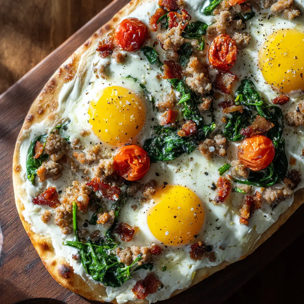 A close-up overhead shot of a savory breakfast flatbread pizza, showing melted cheese and perfectly cooked egg on a crispy crust.