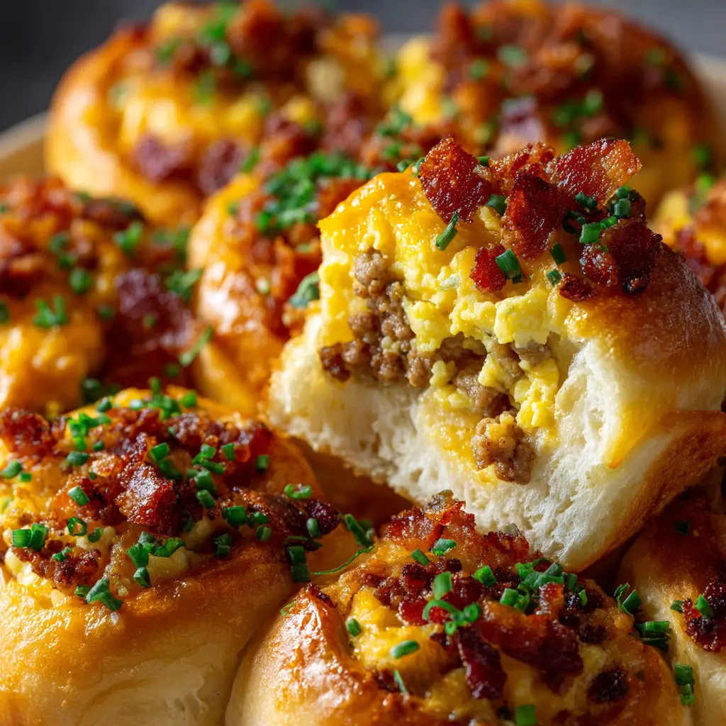 A close-up shot of savory morning buns, filled with egg and cheese, sitting in a rustic baking dish before being served.