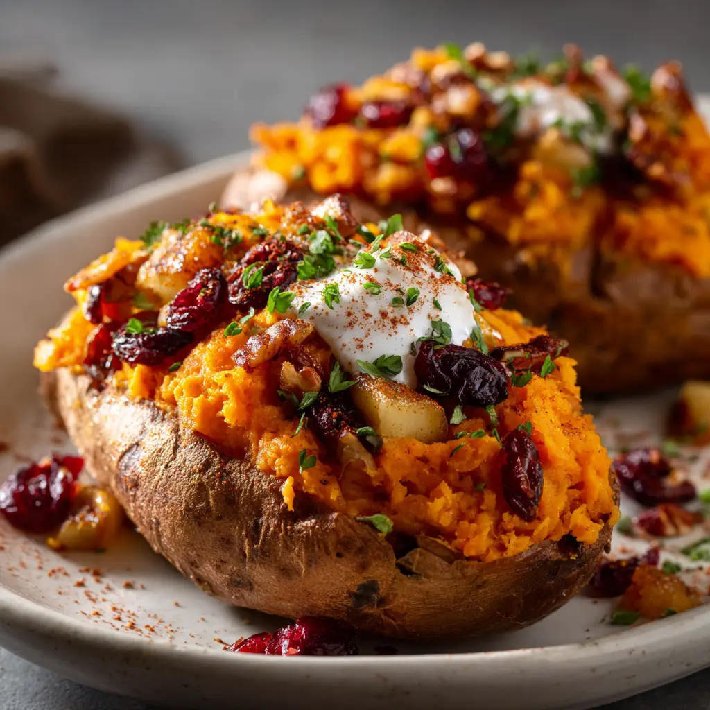 A savory stuffed sweet potato sliced open to reveal the generous filling of black beans, corn, and spices, ready to be eaten.