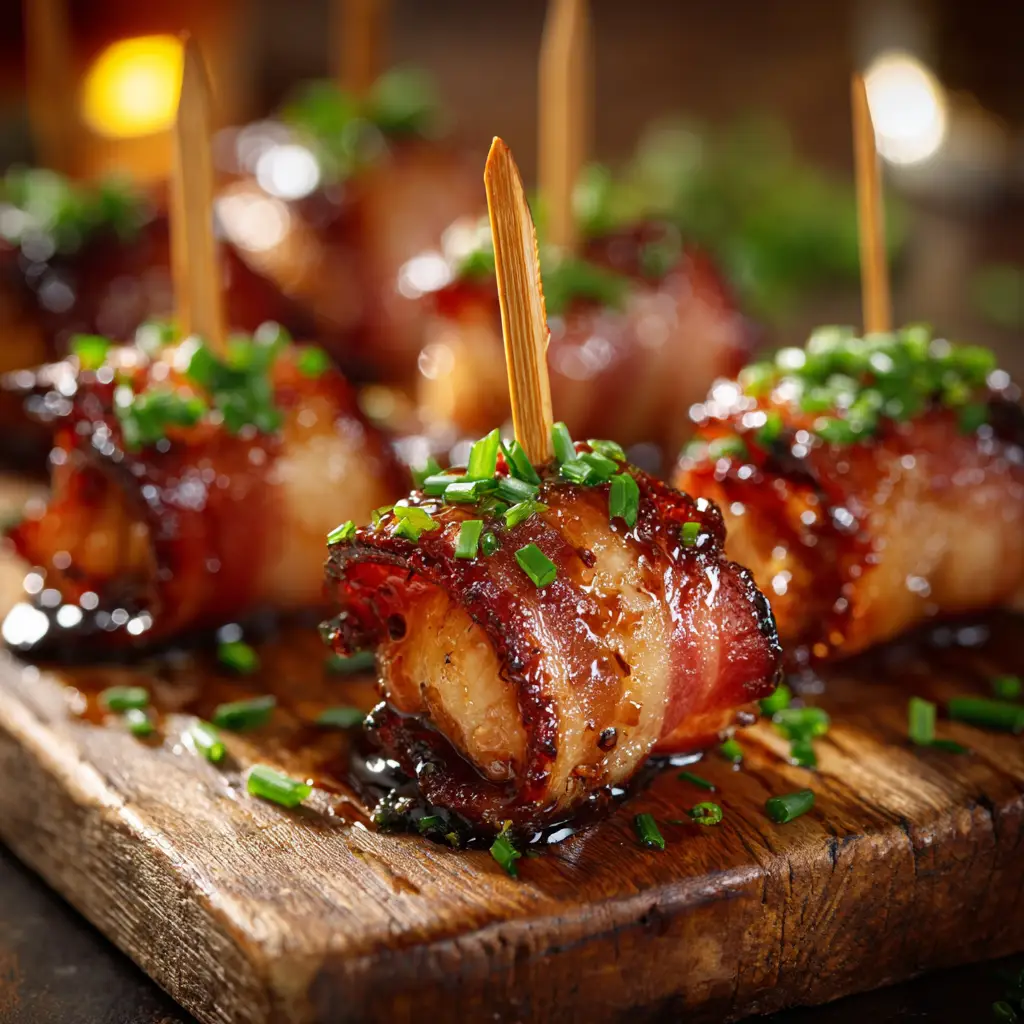 A close-up macro shot of a single bacon-wrapped brie bite, showing the crispy bacon and glistening maple-rosemary glaze. A perfect savory Thanksgiving bite.