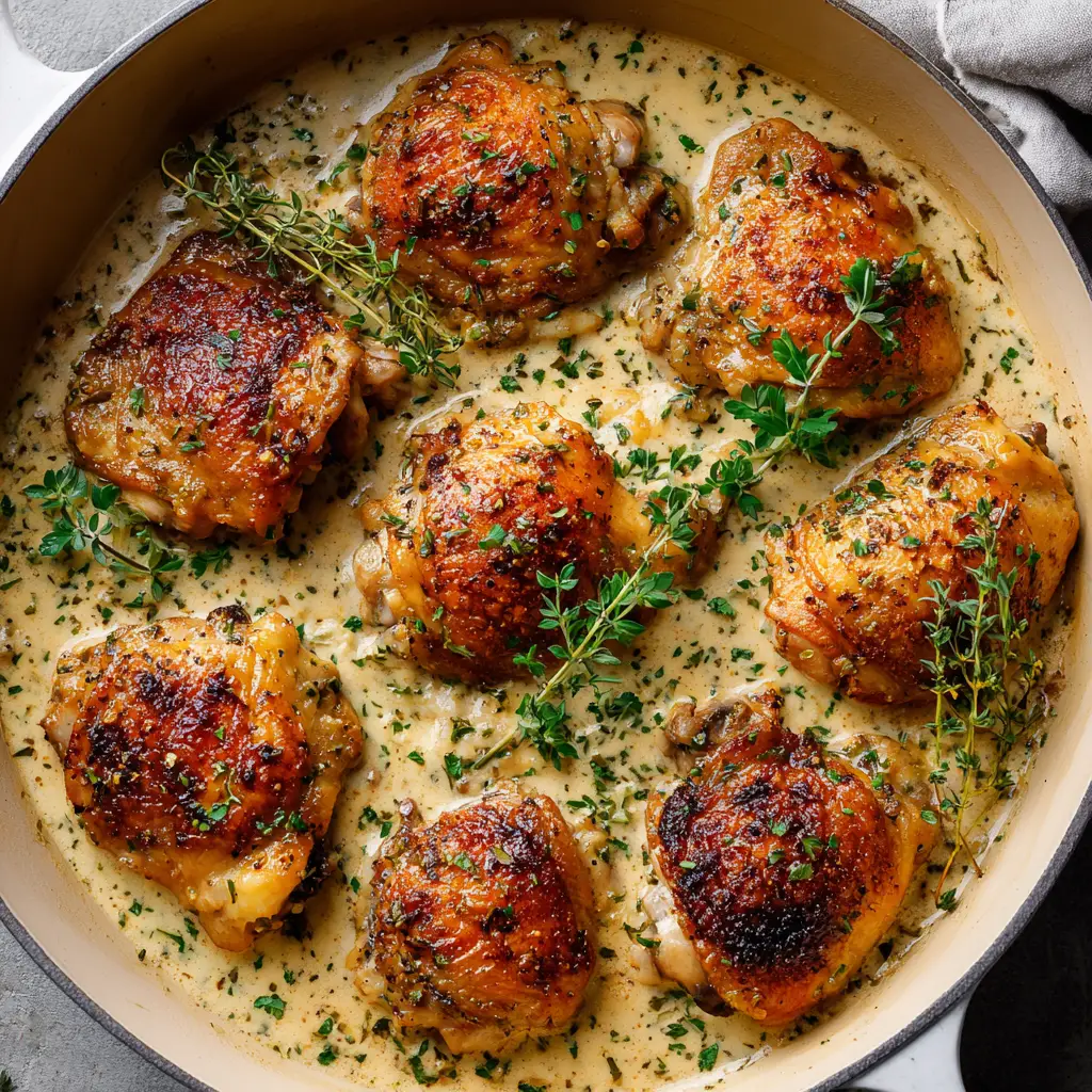 A step-by-step process shot showing chicken thighs being seared to a perfect golden-brown crisp in a skillet.