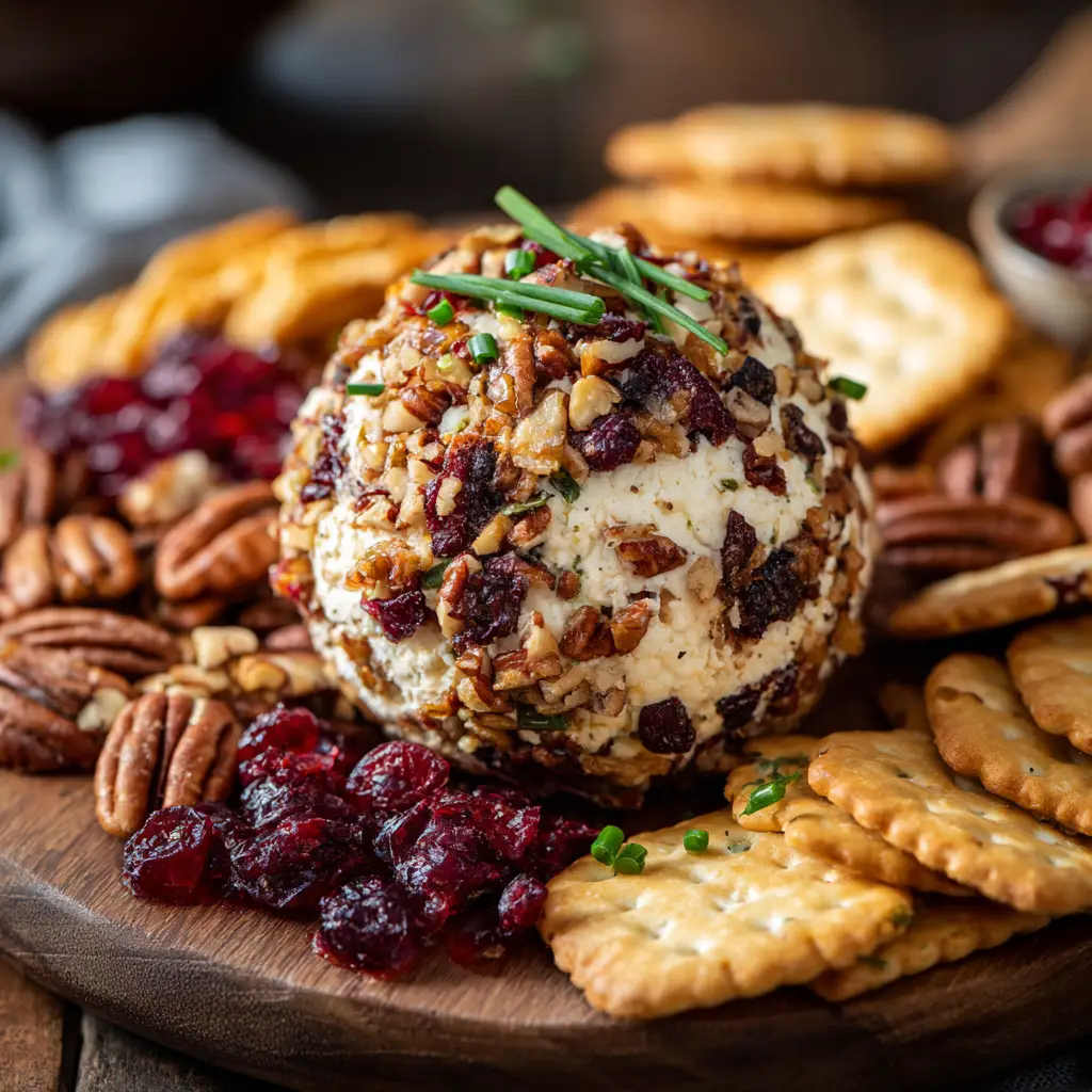 A festive platter featuring the cheese ball recipe served with an assortment of crackers and fresh vegetables.