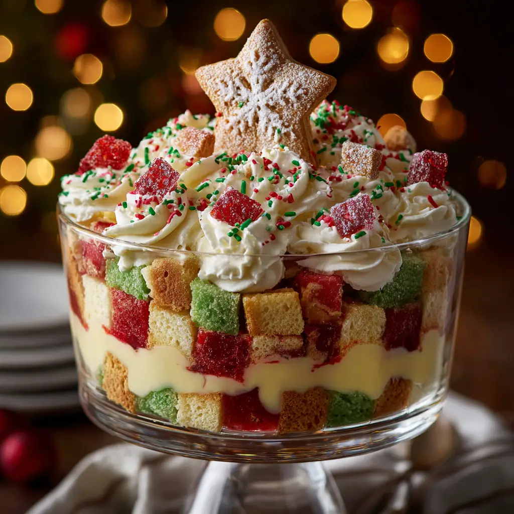 A spoonful of Christmas Tree Cake Trifle being lifted from the bowl, showing the creamy texture and mixture of cake and pudding. An irresistible holiday dessert.