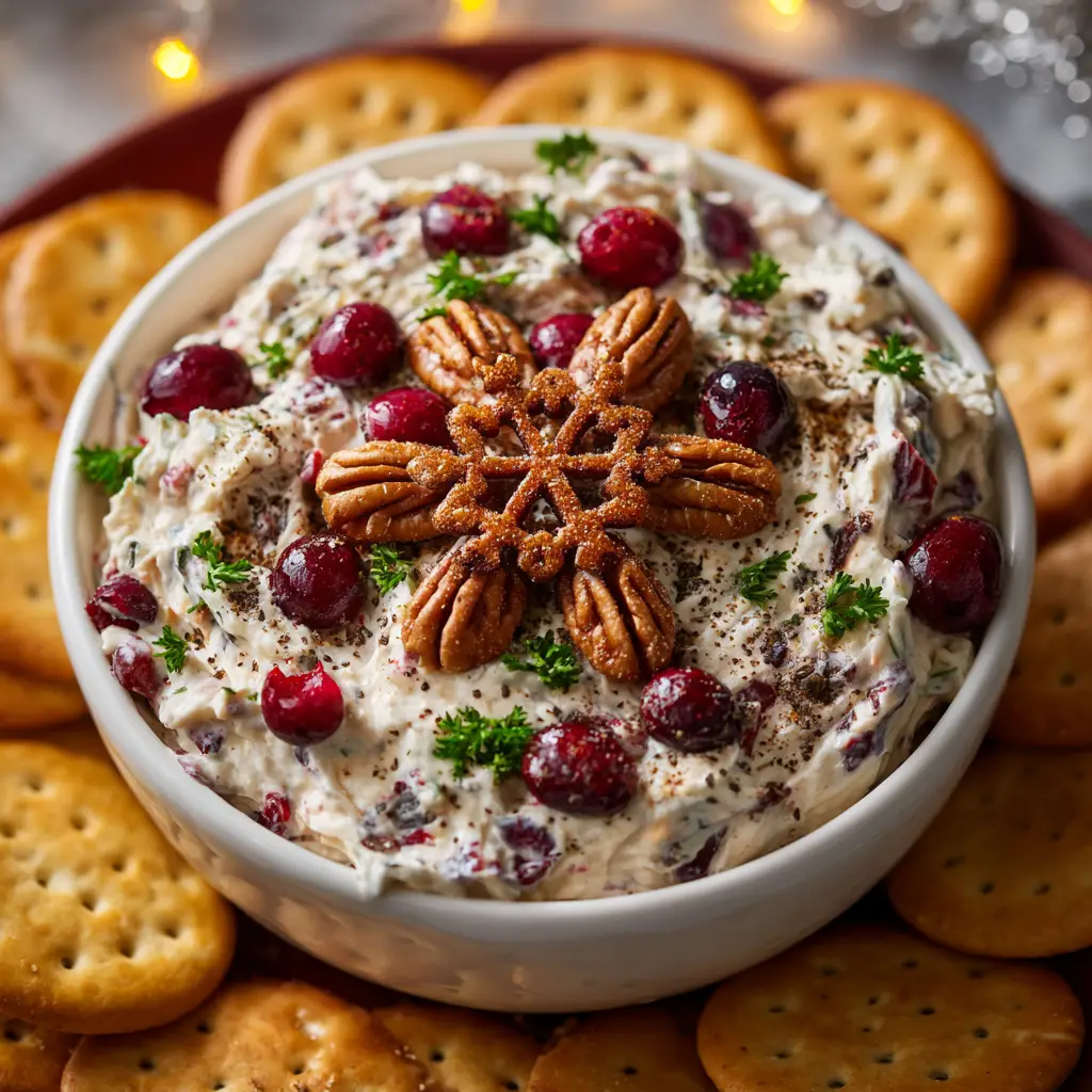 A cracker being dipped into the Cranberry Pecan Cream Cheese Dip, showing the creamy texture of the spread.