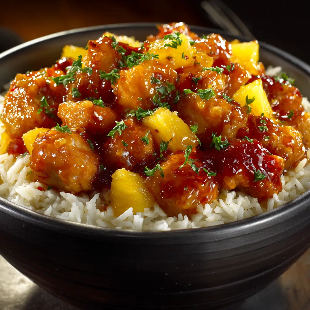 A scoop of easy pineapple chicken stir fry being lifted from a skillet with a spoon.