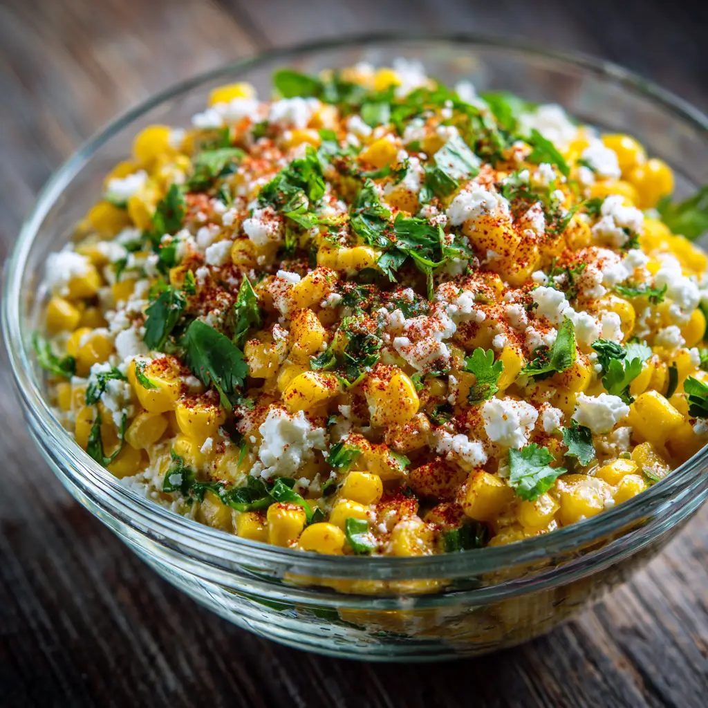 A spoonful of creamy elote salad being lifted from a bowl, ready to be served as a delicious summer side dish.