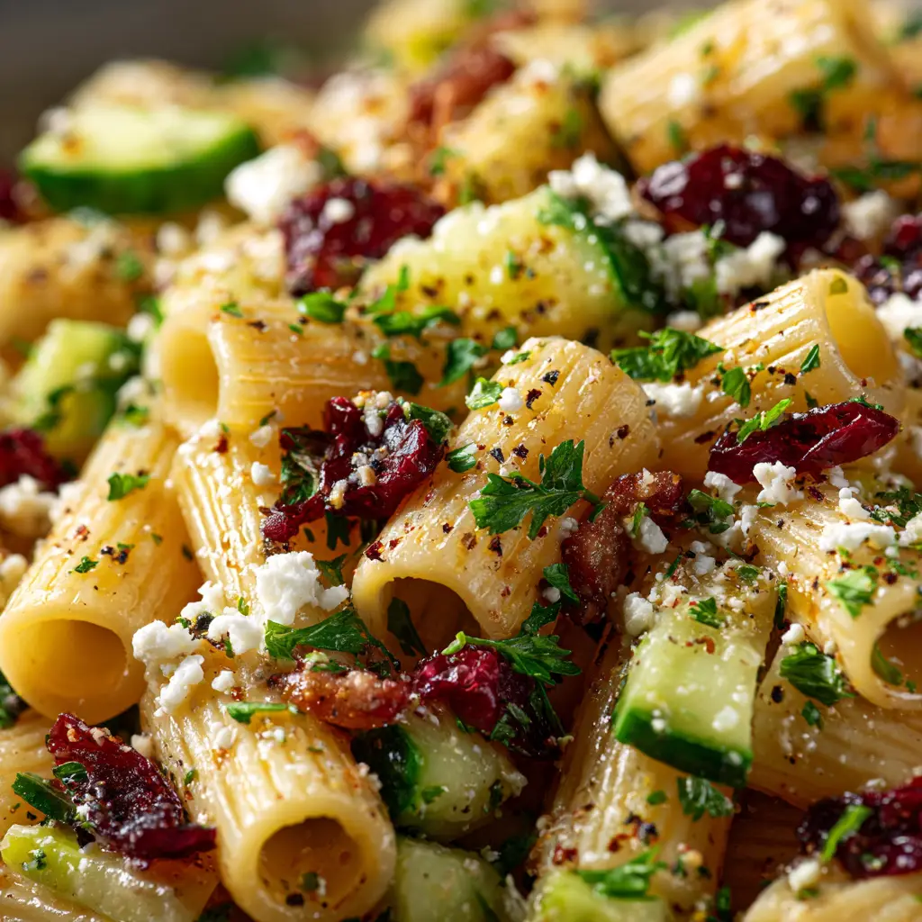 A spoonful of the holiday pasta salad being lifted from the bowl, ready to be served.