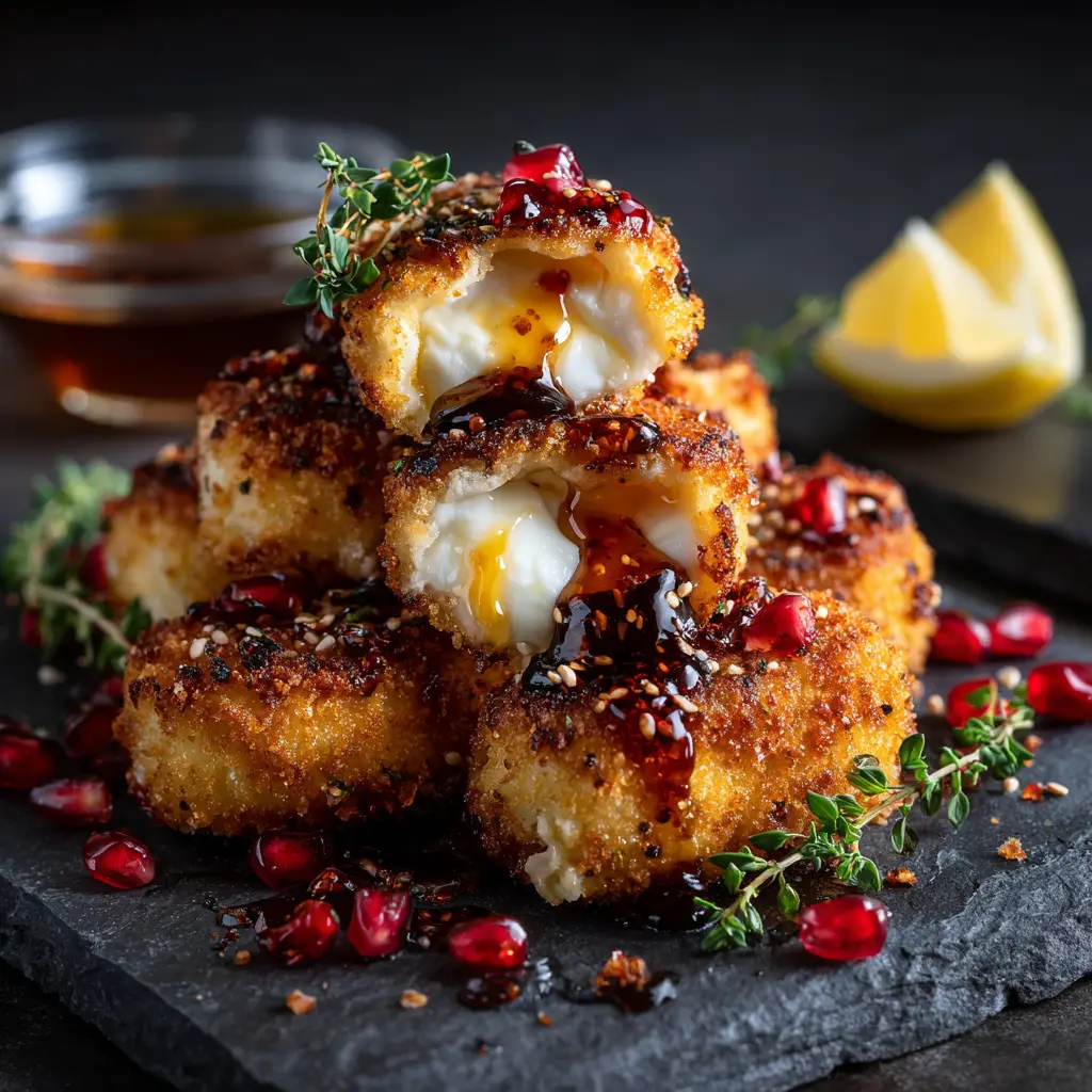 A beautiful presentation of fried goat cheese served on a rustic plate, drizzled with honey and ready to be enjoyed as an elegant appetizer.