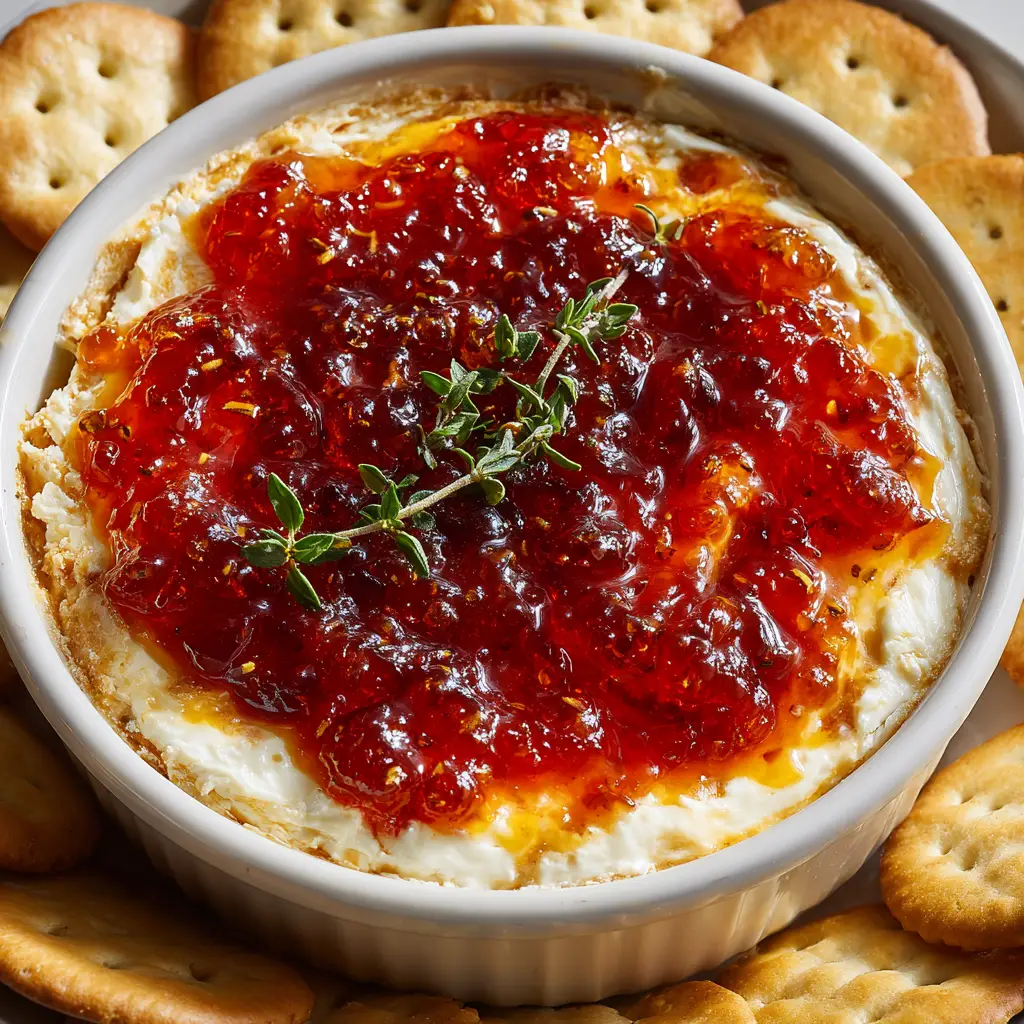 A finished platter of cream cheese pepper jelly appetizer served with a variety of sturdy crackers and fresh vegetable sticks.