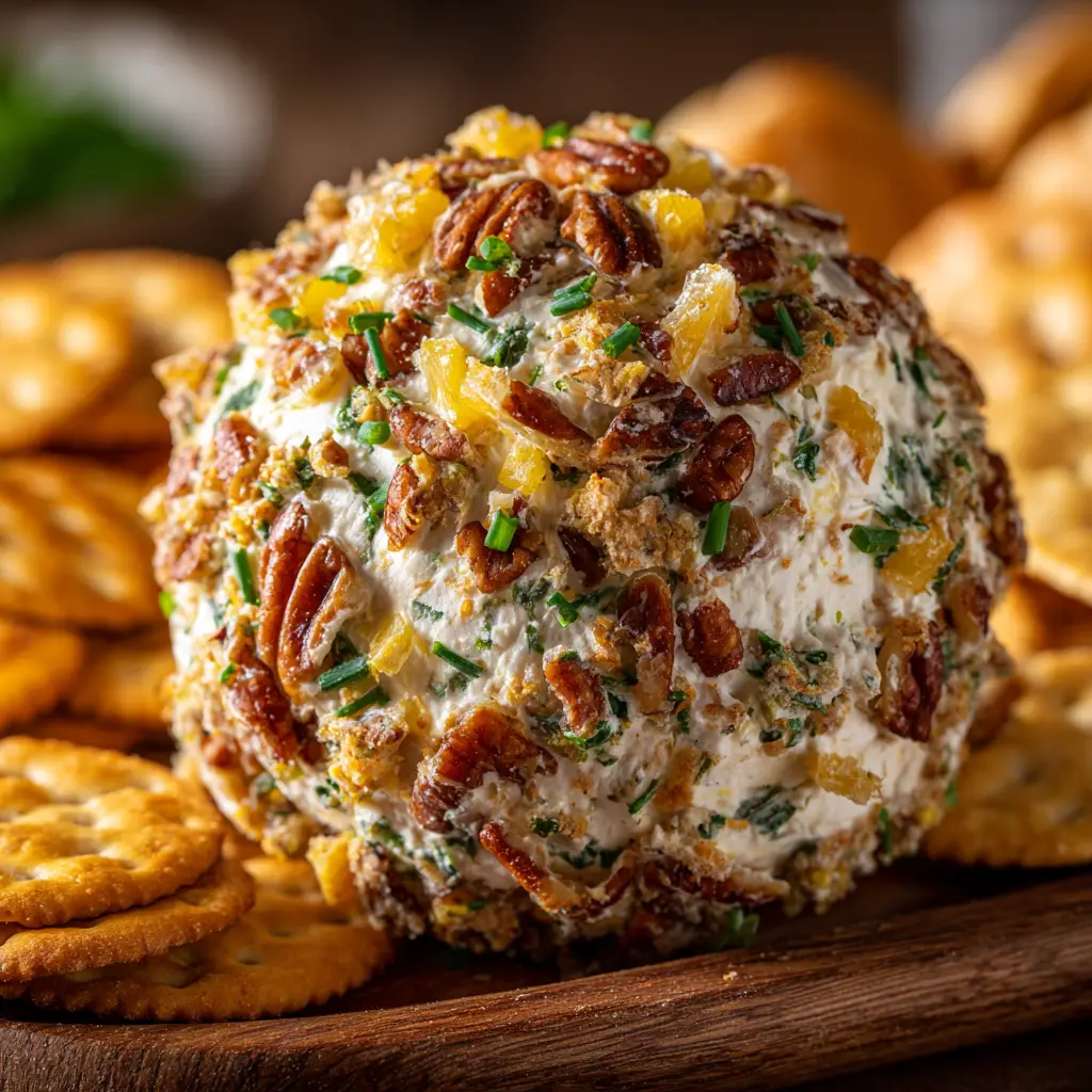 A cracker spreading a generous amount of the homemade pineapple pecan cheese ball, showcasing its perfect spreadable consistency.