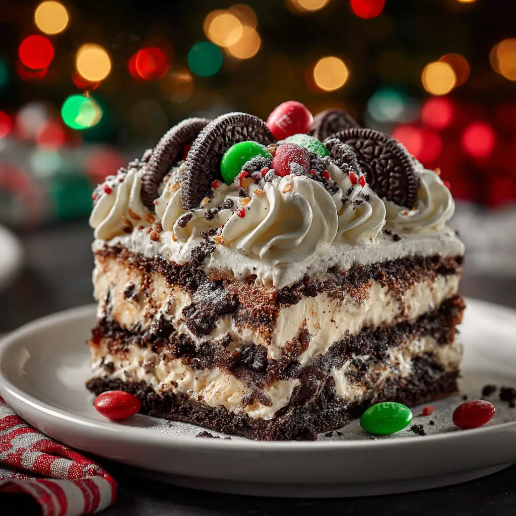 A spatula lifting a perfect slice of the Christmas Oreo dessert out of the pan, highlighting the clean, distinct layers.