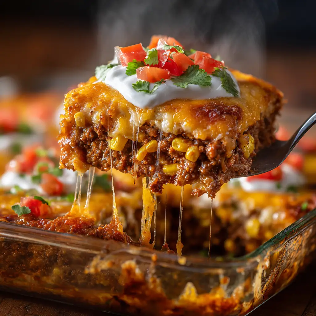 A close-up spatula shot lifting a perfect slice of the Tex-Mex Casserole, revealing the distinct layers of tortillas, seasoned beef, and melted cheese.