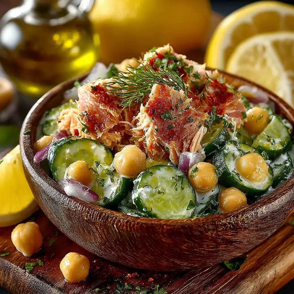 A serving of tuna chickpea salad on a bed of lettuce, ready to eat. This shows a healthy way to serve this no-mayo salad.