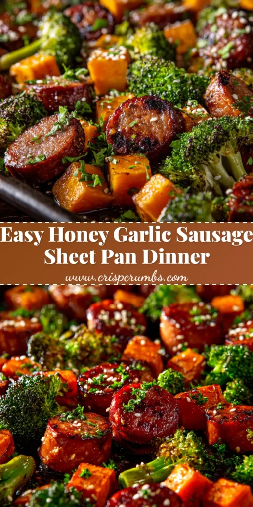 An overhead shot of a delicious sheet pan sausage and sweet potatoes dinner, freshly roasted with bell peppers and onions. The perfect easy one-pan meal.