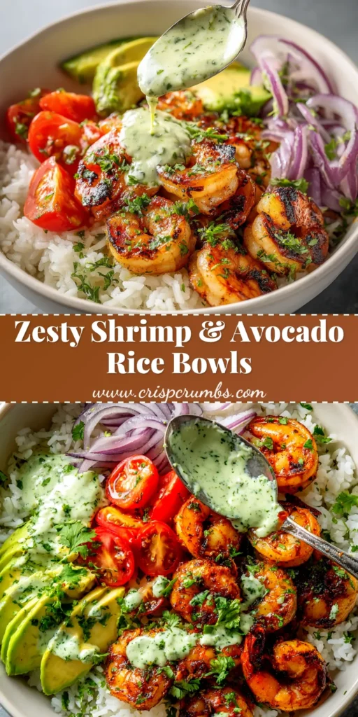 An overhead shot of a delicious Shrimp and Avocado Rice Bowl, featuring perfectly cooked shrimp, sliced avocado, and a creamy cilantro-lime dressing in a white bowl.