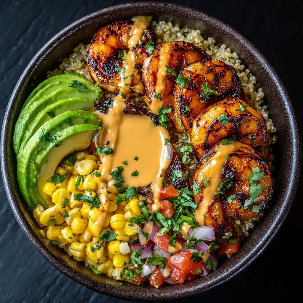 All the fresh ingredients for the shrimp rice bowl laid out, including corn, black beans, red onion, avocado, and cilantro.