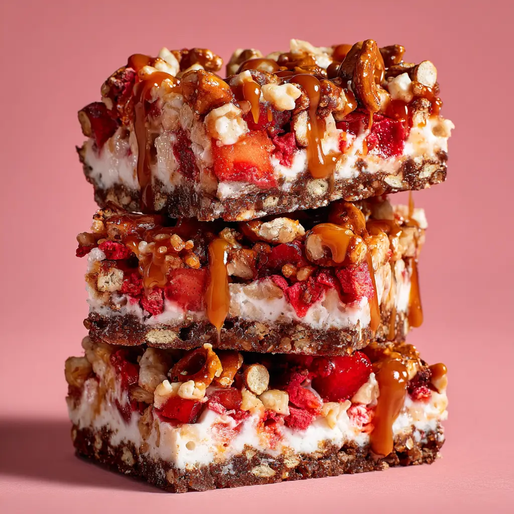 A single strawberry pretzel marshmallow treat on a plate with a fork, ready to eat. The perfect no-bake dessert bar.