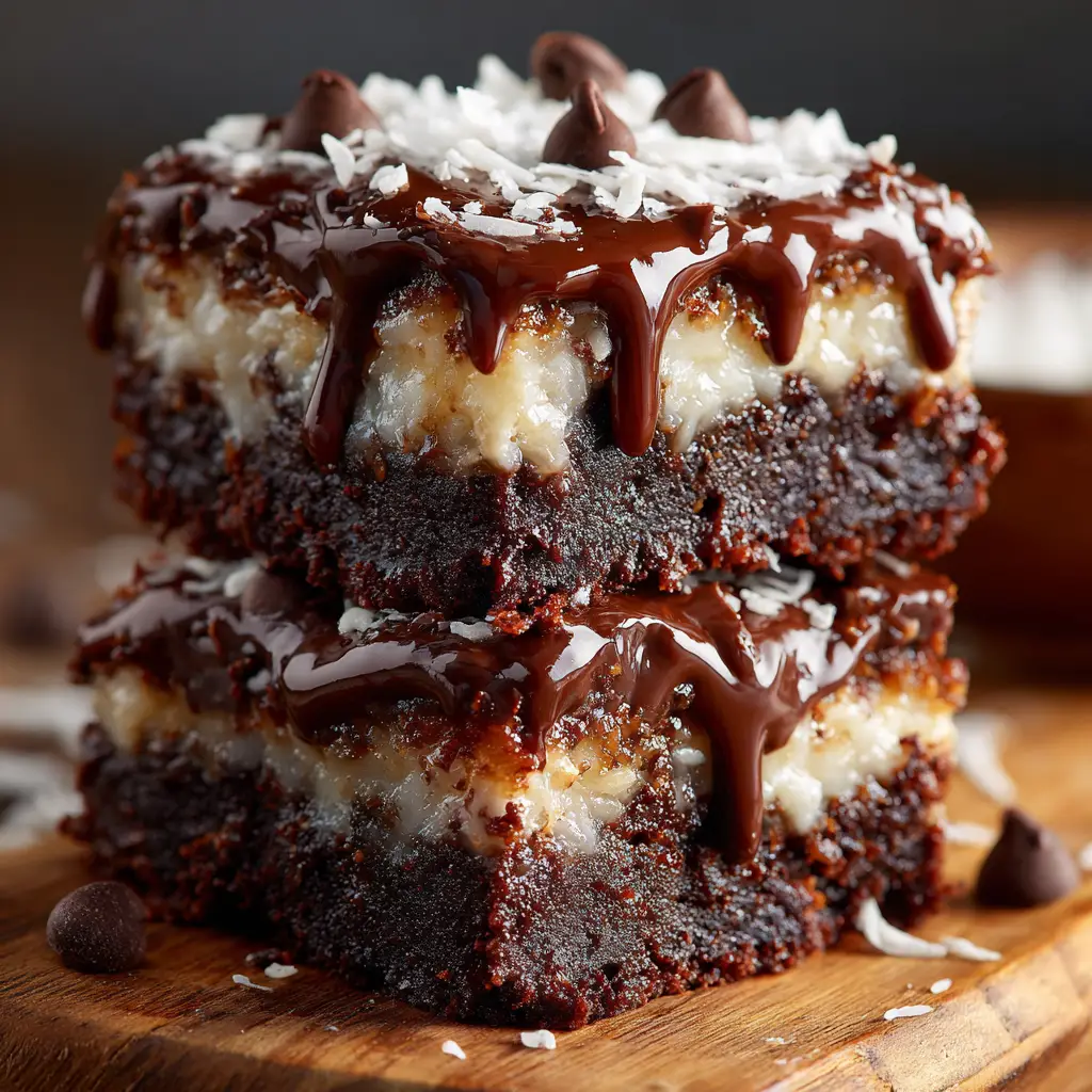 A beautiful overhead shot of sliced coconut brownies arranged neatly on a cooling rack, showcasing their glossy, crinkly tops.