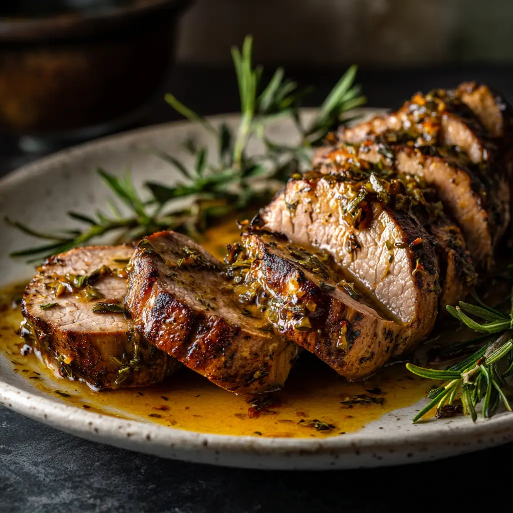 Slices of maple mustard pork arranged on a plate, with fresh rosemary garnish and pan juices drizzled over the top.
