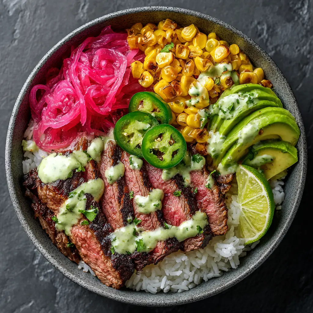 A close-up of the juicy, sliced steak and creamy avocado in a quinoa bowl, showcasing the perfect texture.